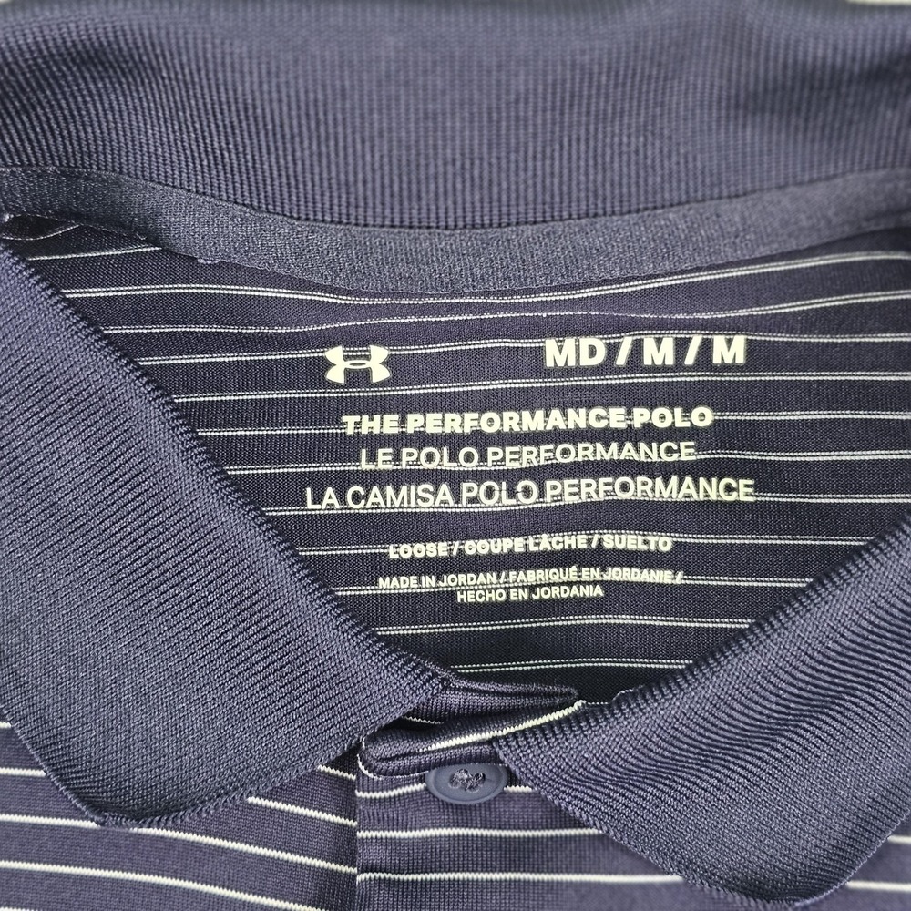 Under Armour The Performance Polo Shirt Mens Medium Navy White Stripe Golf Loose - Picture 3 of 10